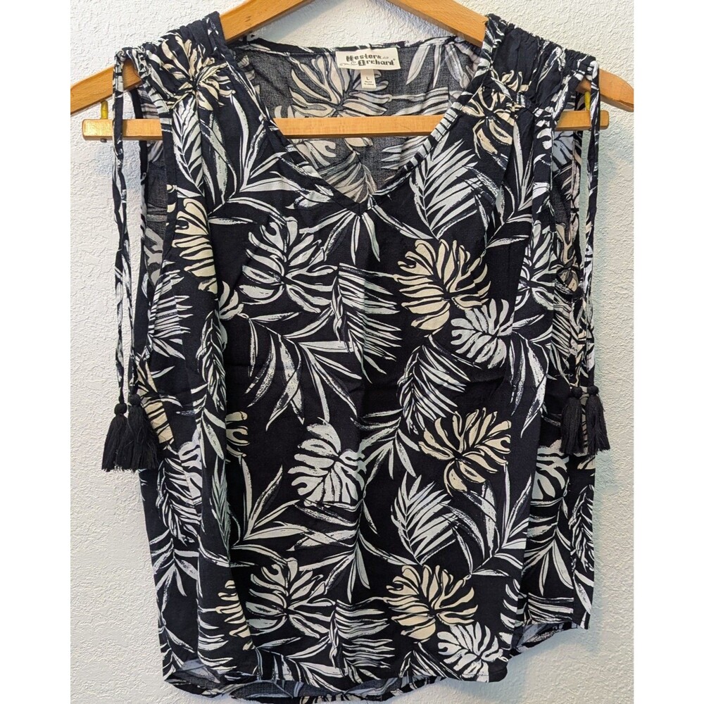 Hester & Orchard Tank Top size L Large Black White Floral Stretchy Fabric (400m)